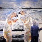 "Portrait of the artist apologizing to two adolescent, mercury-crazed Polar Bears on melting ice".
2009. Oil on canvas. 39" x 106" | 1m x 2.7m. Not available.